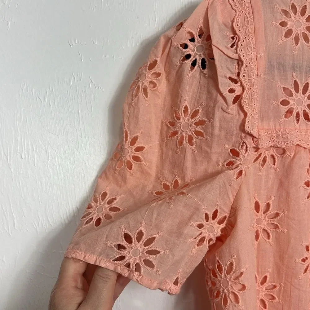 Entro Cotton Eyelet Embroidered Short Sleeve Top Blouse In Peach Size M - Picture 3 of 10